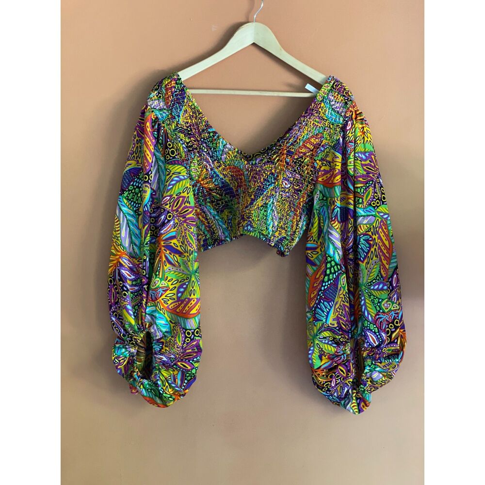 Colorful Boho Smocked Crop Top Balloon Sleeve Psychedelic Festival Blouse Size L